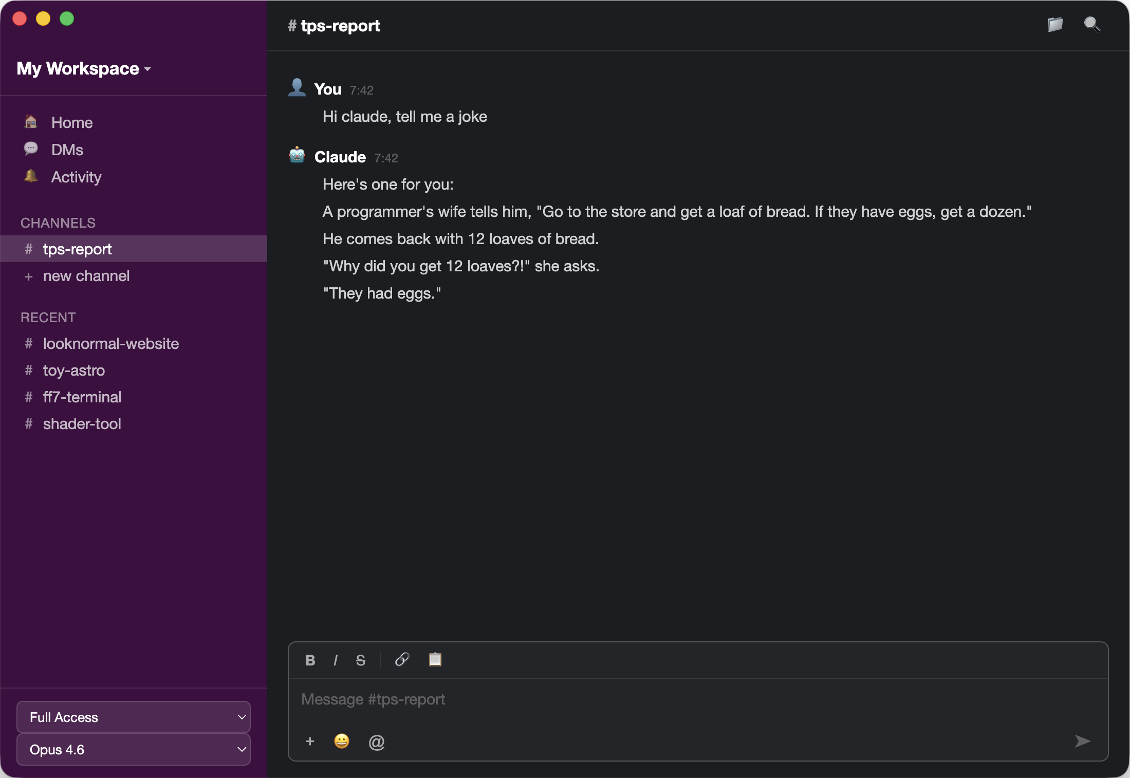 Slank theme — Claude Code disguised as Slack